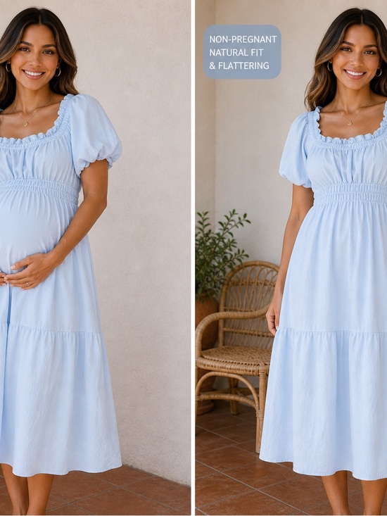 Dresses & Skirts - Light Blue Puff-Sleeve Midi Dress